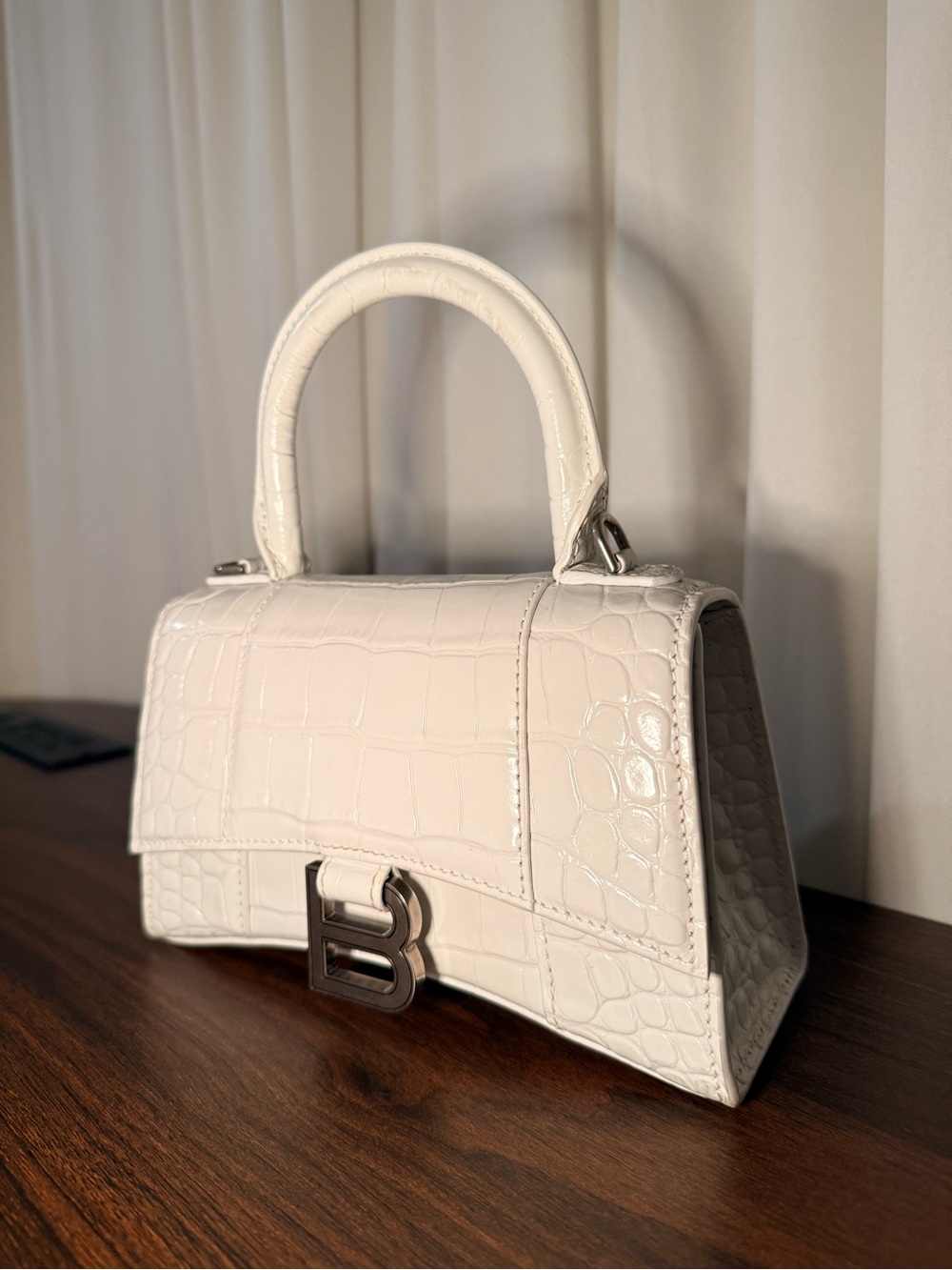 Balenciaga White Croc-Embossed Top Handle Satchel